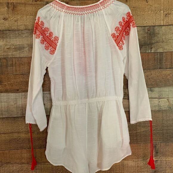 J. Crew white shorts romper orange embroidery long sleeve size‎ small - Picture 9 of 13
